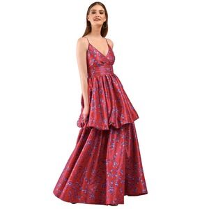 eShakti Tiered Maxi Dress Womens XS Red Heart Print Sleeveless Party Formal Prom